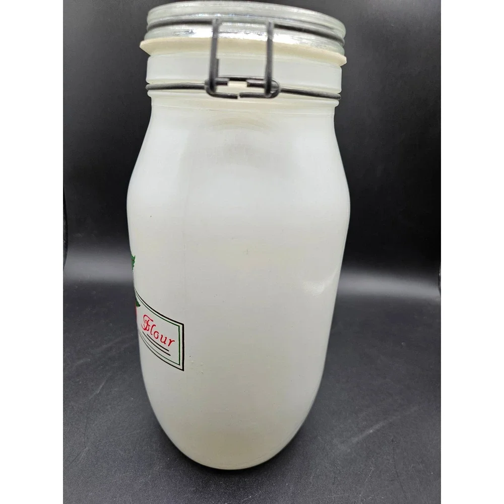 Vintage Ermetico White Milk Glass Cherry Flour Canister 2L Wheaton USA Jar Ld Ww